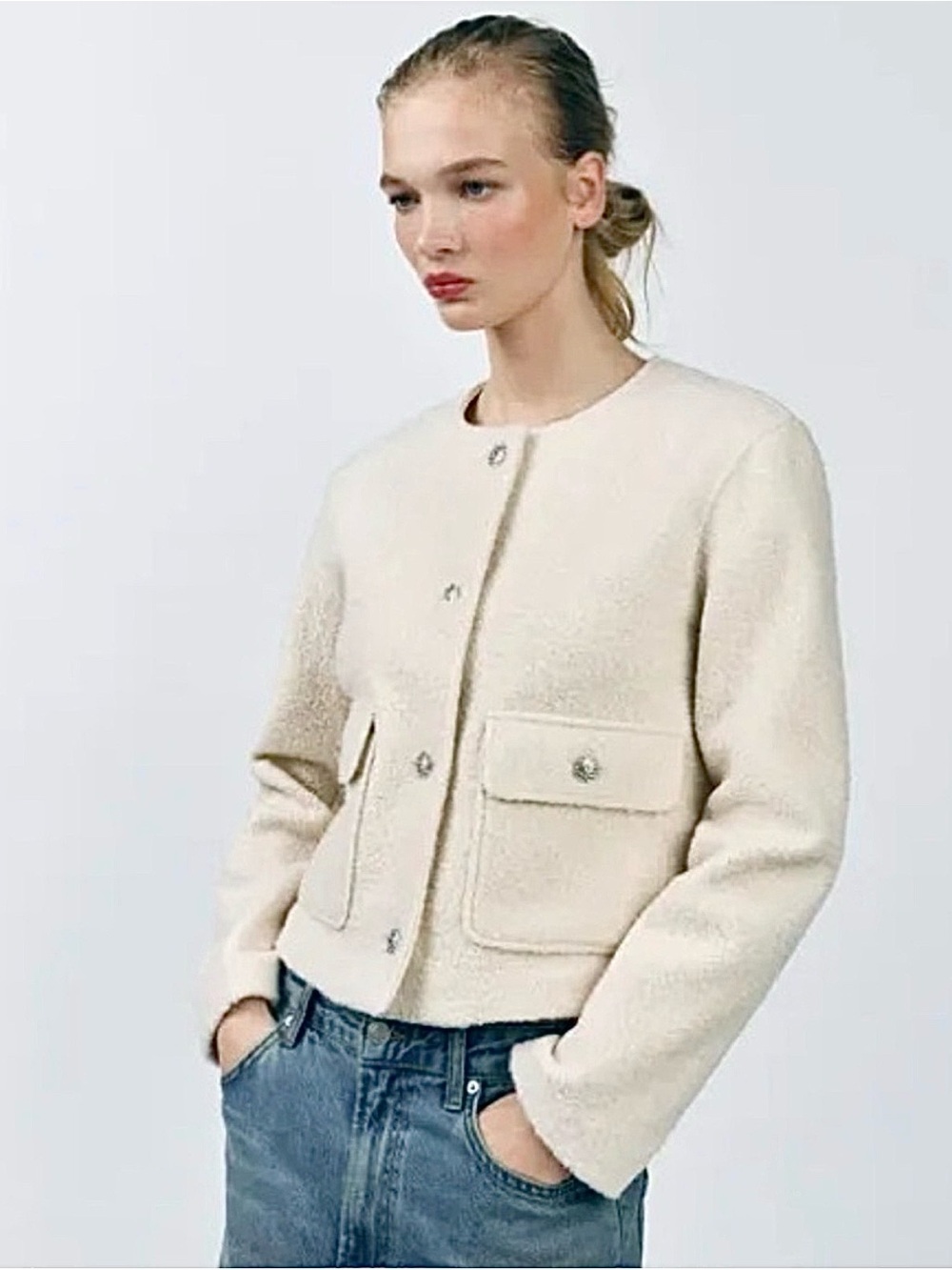 Zara Ecru Bouclé Jewel Button Jacket
NWT Medium